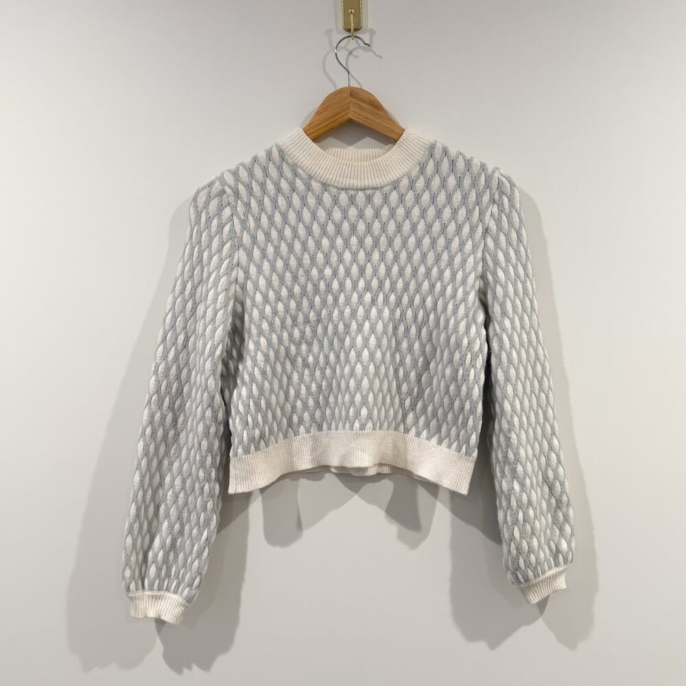 ANTHROPOLOGIE Pepin Diamond Knit Crop Pullover Sweater Gray Ivory XS EUC